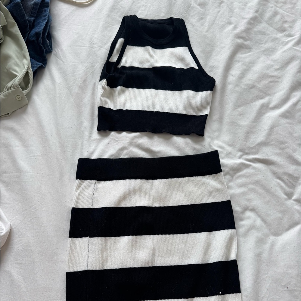 Black and White Striped Crop Top and Skirt Set